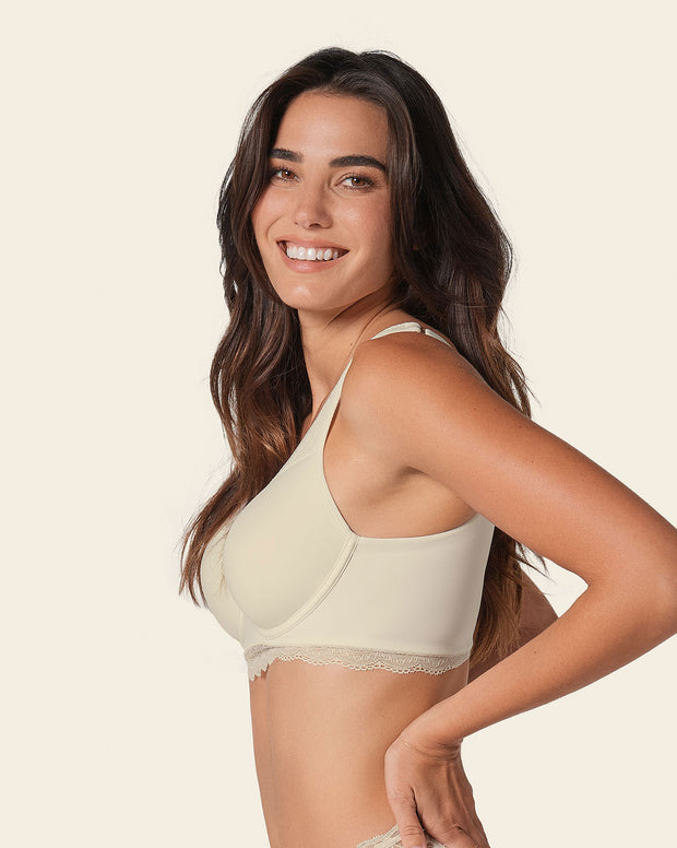 Deep coverage bra: soft lightly-lined lace underwire bra