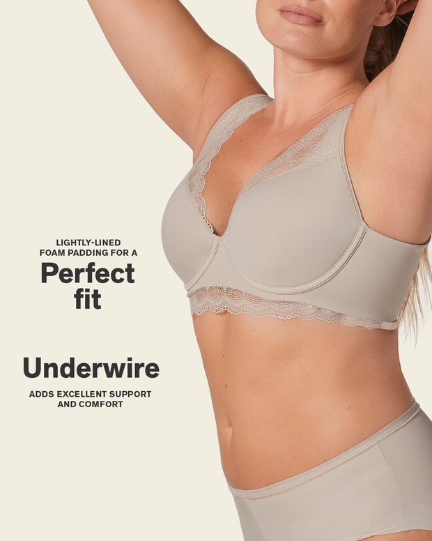 Deep coverage bra: soft lightly-lined lace underwire bra