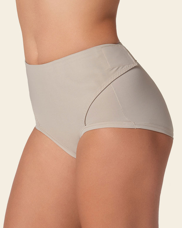 Firm compression postpartum panty with adjustable belly wrap