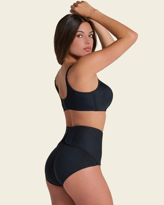 Firm compression postpartum panty with adjustable belly wrap
