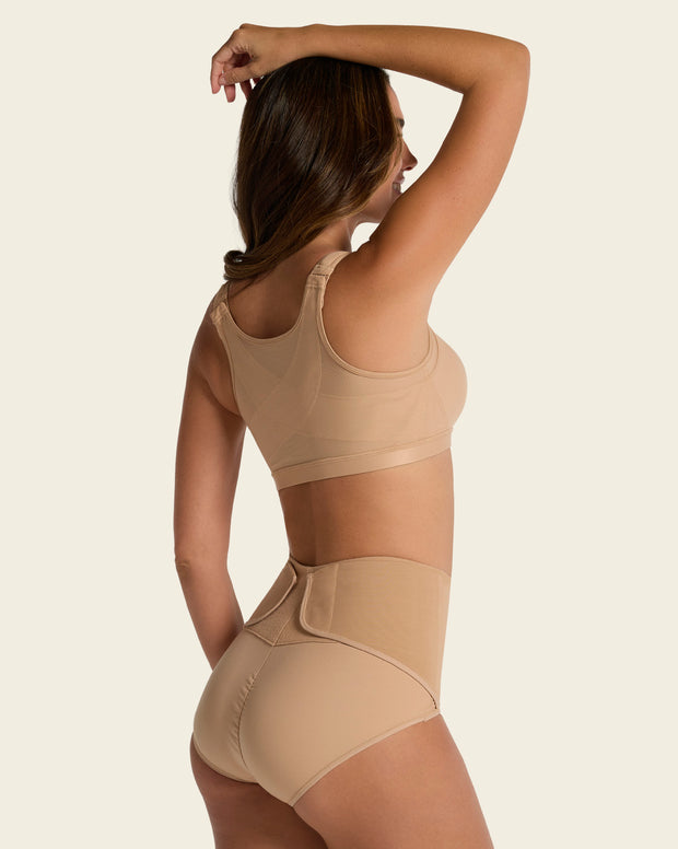 Firm compression postpartum panty with adjustable belly wrap