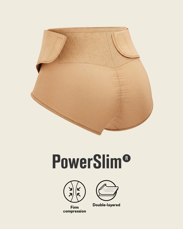 Firm compression postpartum panty with adjustable belly wrap