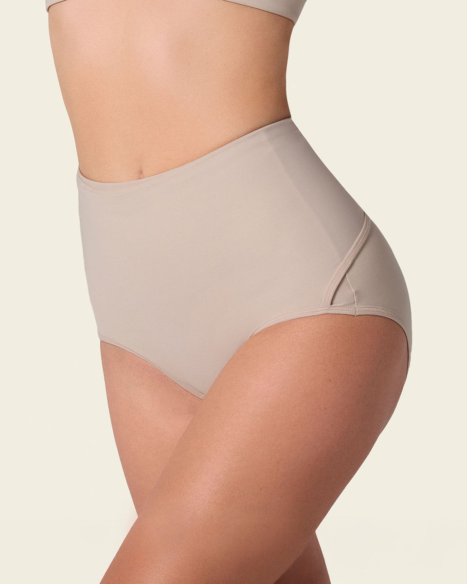 Firm compression postpartum panty with adjustable belly wrap