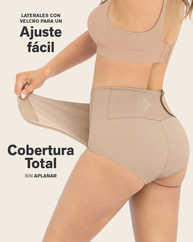 Firm compression postpartum panty with adjustable belly wrap