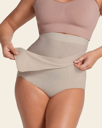 High-waisted firm compression postpartum panty with adjustable belly wrap#color_802-nude