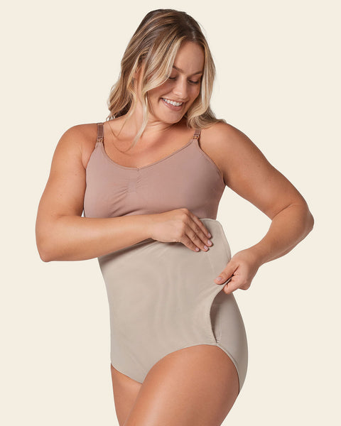 High-waisted firm compression postpartum panty with adjustable belly wrap#color_802-nude