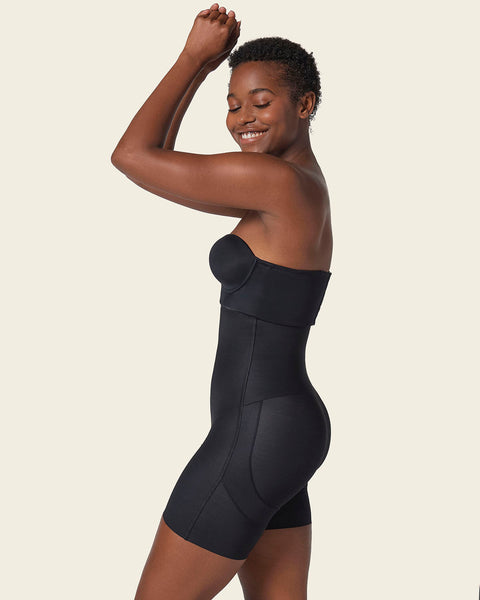 Strapless sculpting step-in body shaper with short bottom#color_700-black