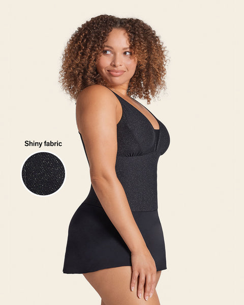 Shiny Slimming One-Piece Swim Dress#color_700-shiny-black