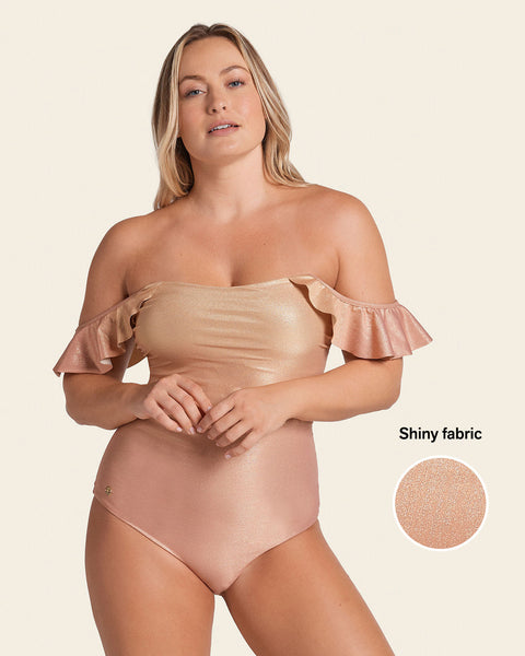 Ruffle Sleeve Shiny One-Piece Slimming Swimsuit#color_127-iridescent-gold