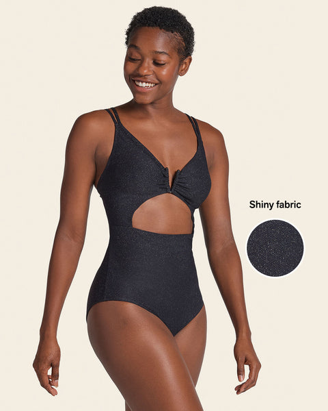 One-Piece Shiny Slimming Swimsuit with Daring Cutouts#color_700-shiny-black