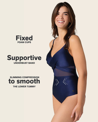 One Piece Swimsuit with Criss Cross Neckline and Tulle#color_509-navy-blue
