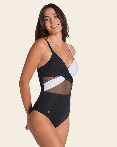 Eco friendly recycled nylon one piece with slimming compression#color_701-black-white