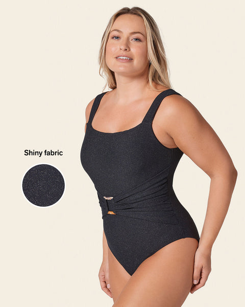 One-Piece Belted Sculpting Swimsuit made of Shiny Fabric#color_700-shiny-black