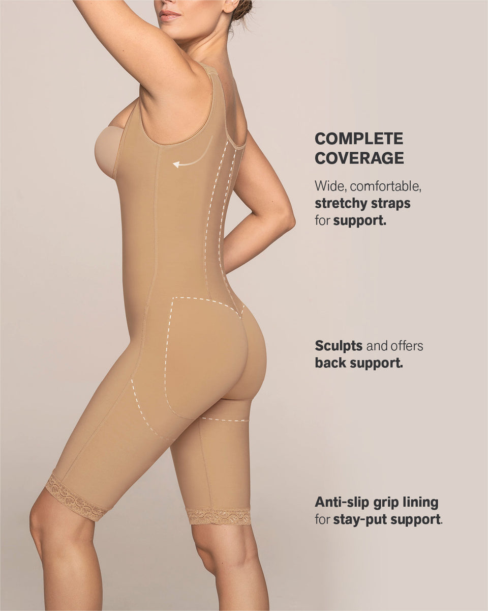 post-surgical short bottom girdle with front hook-and-zip closure, wide straps