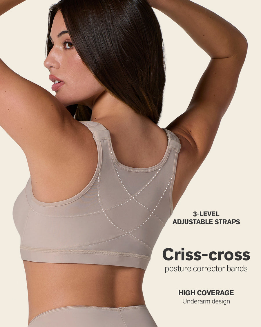 Leonisa Multi-Functional Posture Corrector Wireless Bra in white with back view showing criss-cross PowerSlim® support bands.