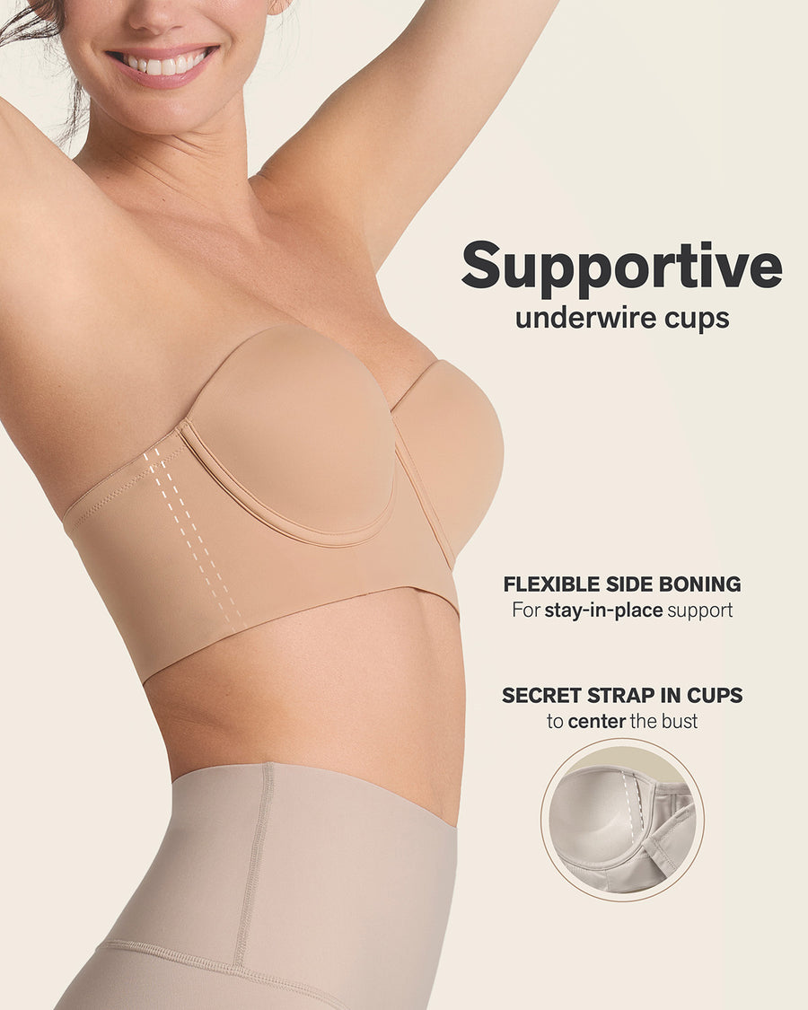 Leonisa Bra 360 Strapless Longline Contouring Bra in tan with side view showing the longline silhouette and contour cups.