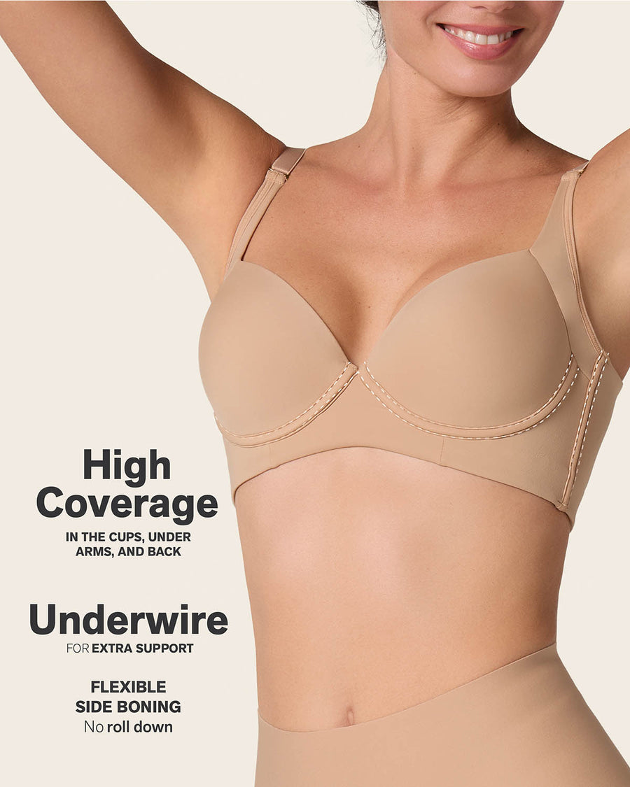 Leonisa High Profile Back Smoothing Bra in golden beige, viewed from the front.
