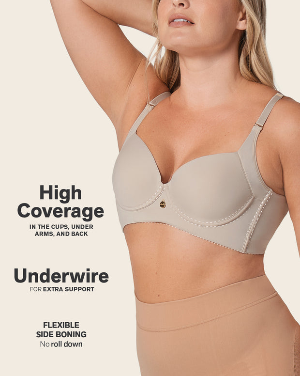 High profile back smoothing bra with soft full coverage cups