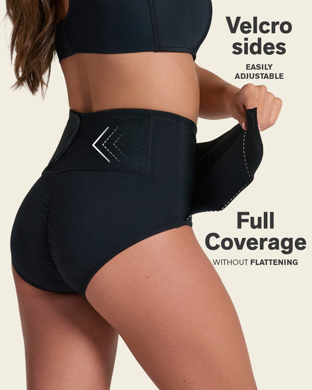 Firm compression postpartum panty with adjustable belly wrap