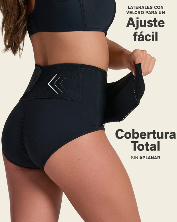 Firm compression postpartum panty with adjustable belly wrap