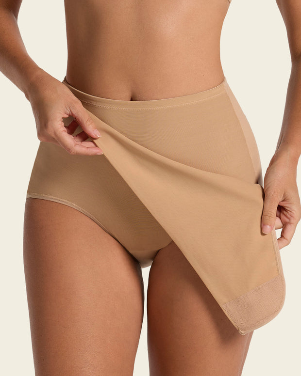 Firm compression postpartum panty with adjustable belly wrap