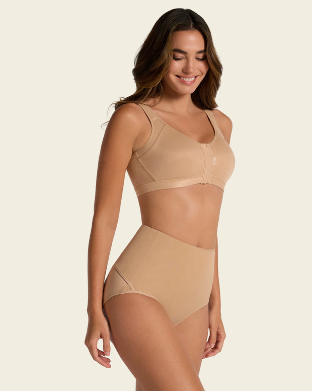 Firm compression postpartum panty with adjustable belly wrap