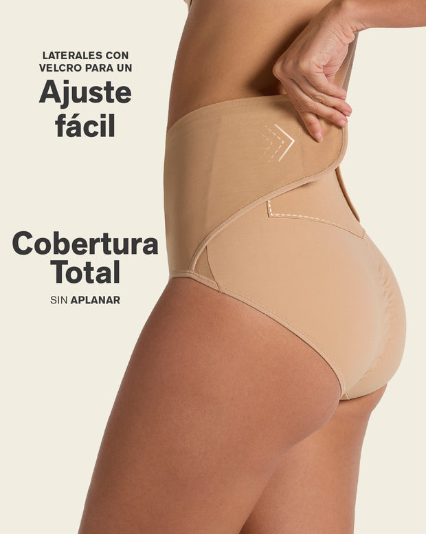 Firm compression postpartum panty with adjustable belly wrap