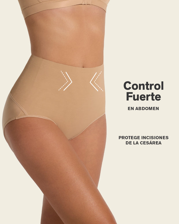 Firm compression postpartum panty with adjustable belly wrap