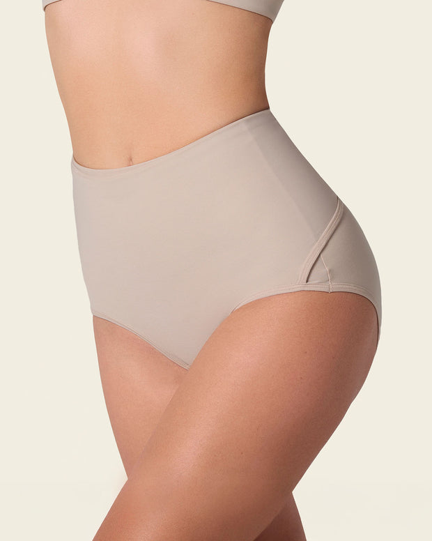 Firm compression postpartum panty with adjustable belly wrap