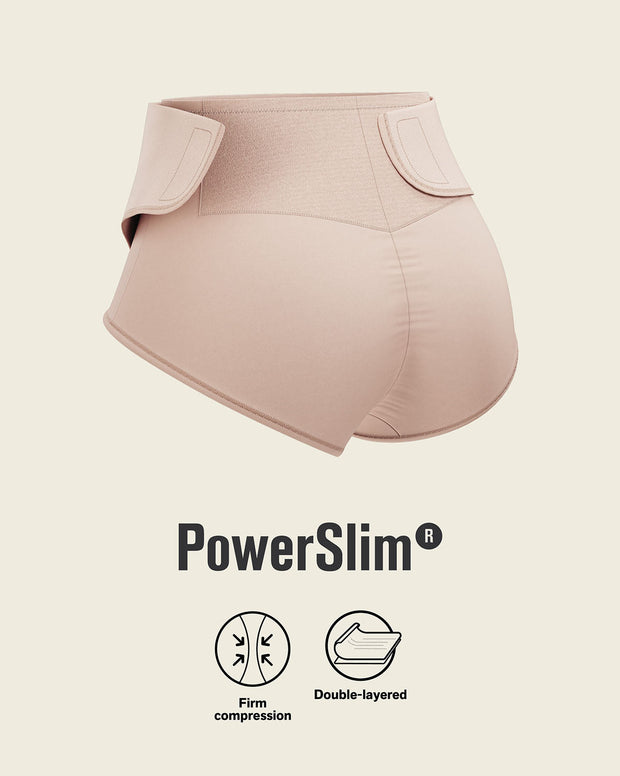 Firm compression postpartum panty with adjustable belly wrap