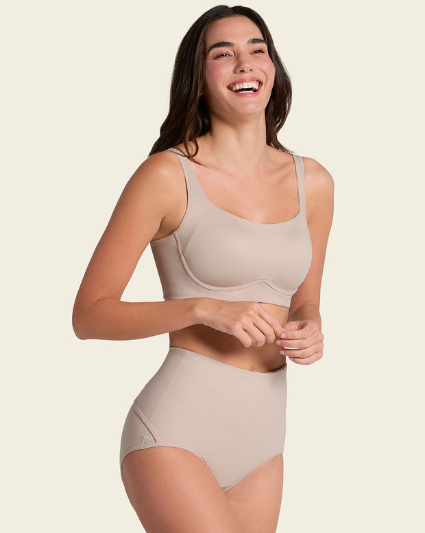 Firm compression postpartum panty with adjustable belly wrap