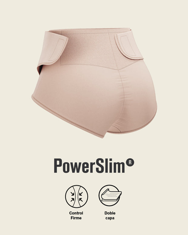 Firm compression postpartum panty with adjustable belly wrap