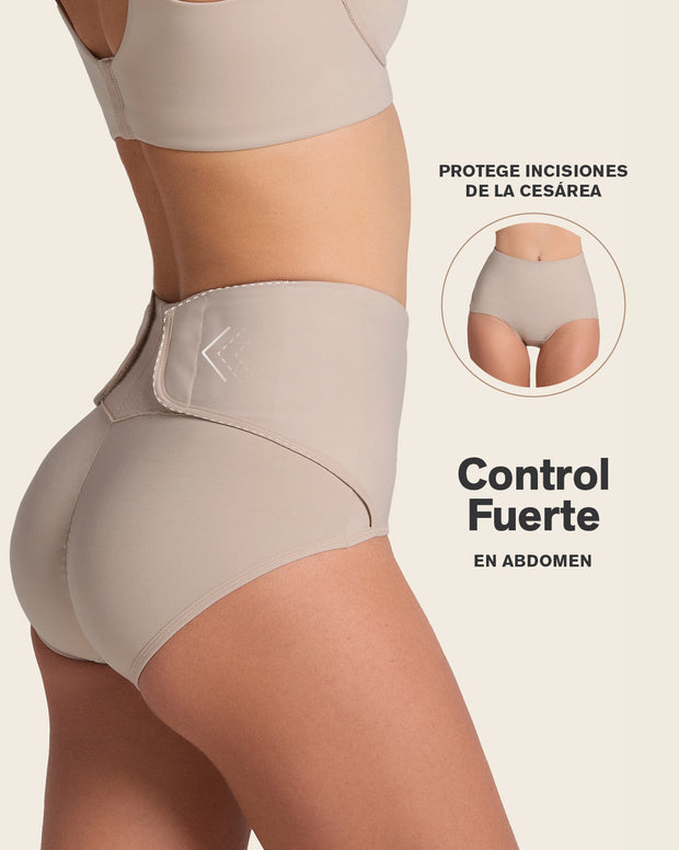 Firm compression postpartum panty with adjustable belly wrap