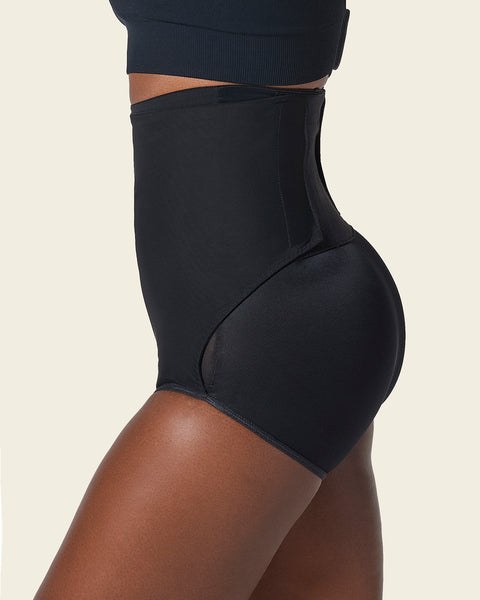 High-waisted firm compression postpartum panty with adjustable belly wrap#color_700-black