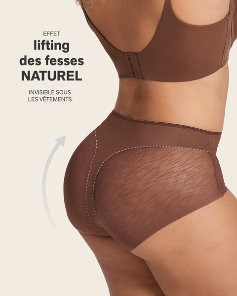High-Waisted Sheer Lace Shaper Panty#color_875-dark-brown