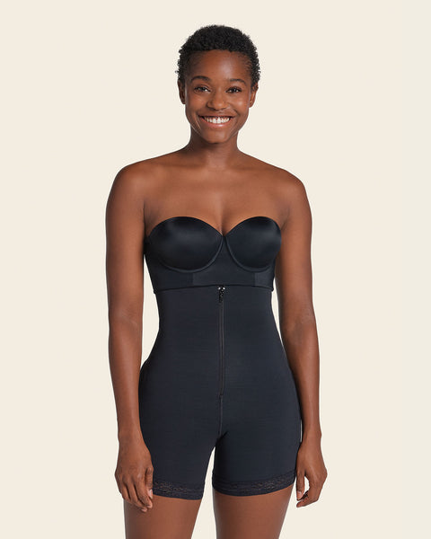 Slimming Braless Body Shaper with Thighs Slimmer Post-surgical Post-partum  Shapewear bodysuit for women Strapless, Inside Hooks and Frontal Zipper 