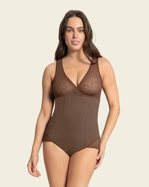 Sheer stripe detail sculpting bodysuit#color_875-dark-brown