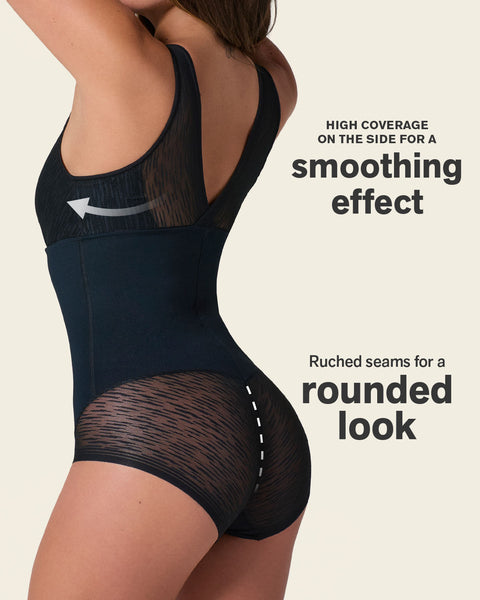 Sheer stripe detail sculpting bodysuit#color_700-black