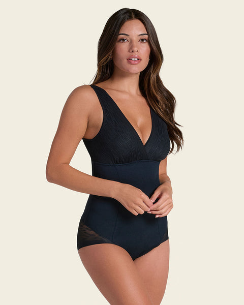 Sheer stripe detail sculpting bodysuit#color_700-black
