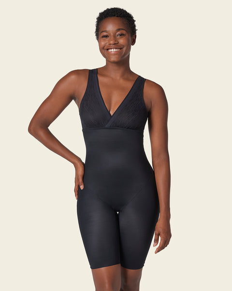 Sheer stripe detail sculpting mid-thigh bodysuit shaper#color_700-black