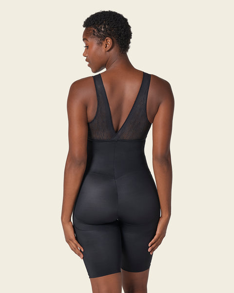 Sheer stripe detail sculpting mid-thigh bodysuit shaper#color_700-black