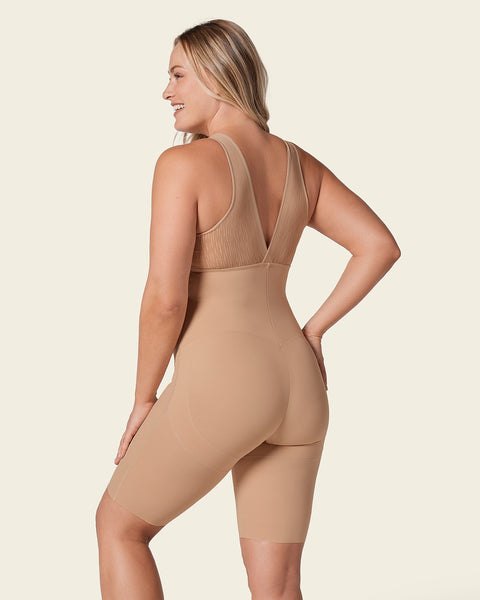 Sheer stripe detail sculpting mid-thigh bodysuit shaper#color_801-golden-beige