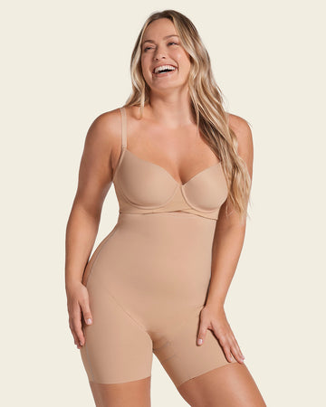 Strapless sculpting step-in body shaper with short bottom#color_802-golden-beige