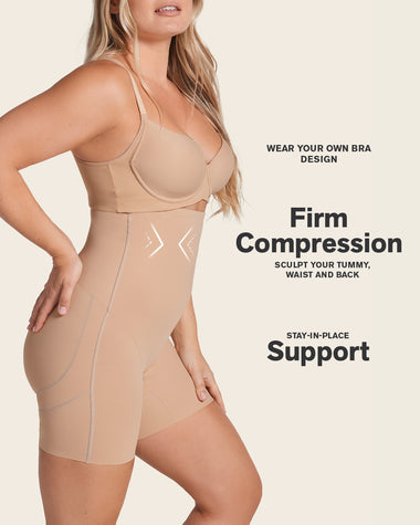 Strapless sculpting step-in body shaper with short bottom#color_801-golden-beige