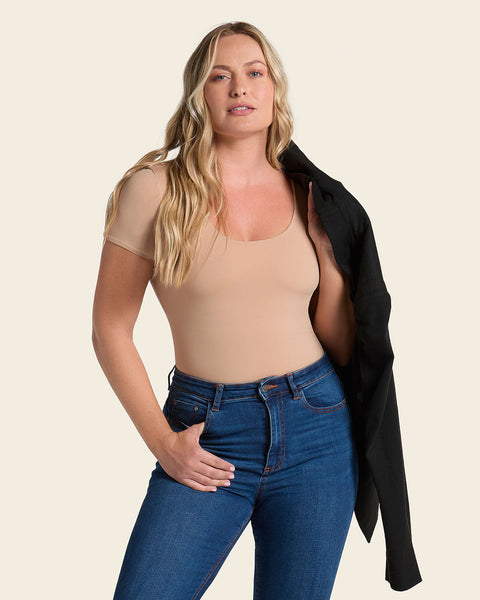 Short Sleeve Round Neck Shaper Bodysuit#color_801-golden-beige