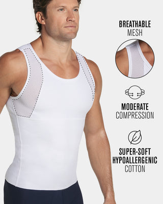Stretch Cotton Moderate Compression Shaper Tank with Mesh Cutouts#color_000-white