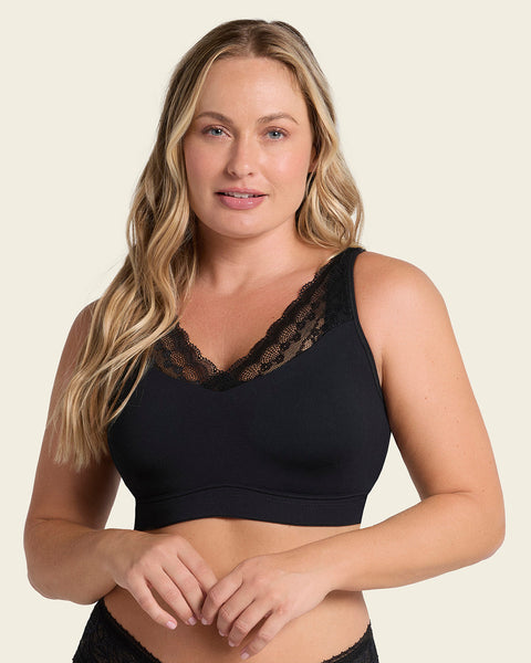 Mastectomy pocketed lace trim wireless bra#color_700-black