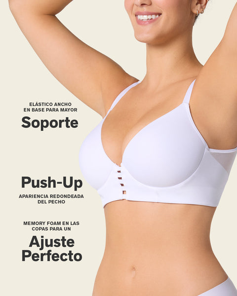 Memory foam push-up underwire bustier bra with strappy front#color_000-white