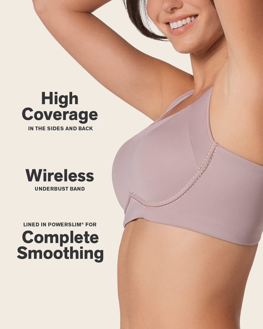 Leonisa Everyday Wireless Support Bra in rosewood with side view on a model.