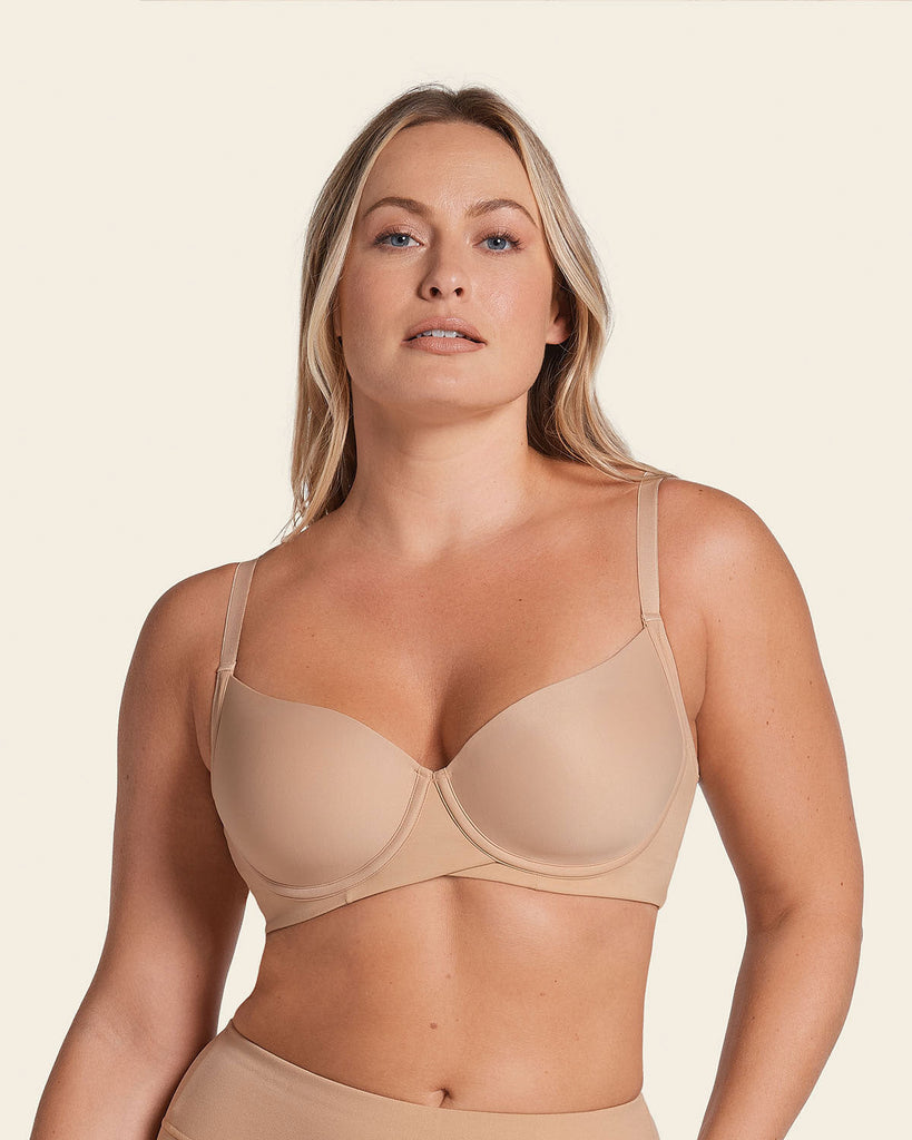  Womens Push Up Front Closure Bra Thick Padded Seamless Criss- Cross Back Underwire Bra Add Two Cup Beige 44A